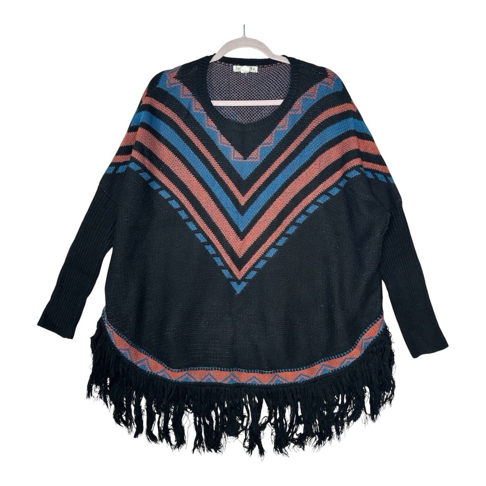 Loveriche Southwestern Fringe Poncho Sweater M/L‎ Aztec Geometric Tribal Coastal